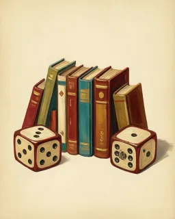 A row of books propped between two dice