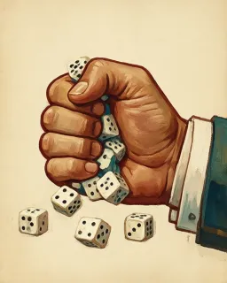 A hand squeezing a fistful of dice, with more dice spilling below