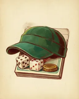 A green flat cap with dice and a coin tucked under it