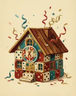 A little house built from dice under falling confetti