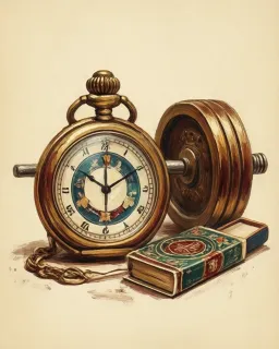 A pocket watch beside a brass weight and a box of cards