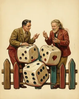 Two men arguing over three large dice behind a picket fence