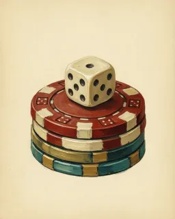 A die resting on a short stack of casino chips