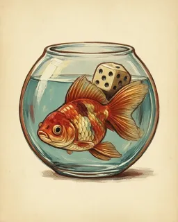 A goldfish in a glass bowl with a die behind it
