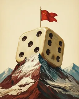 A large die planted on a snowy mountain peak under a red flag