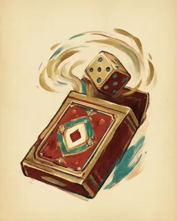 A die caught in a whirlwind above a box of cards